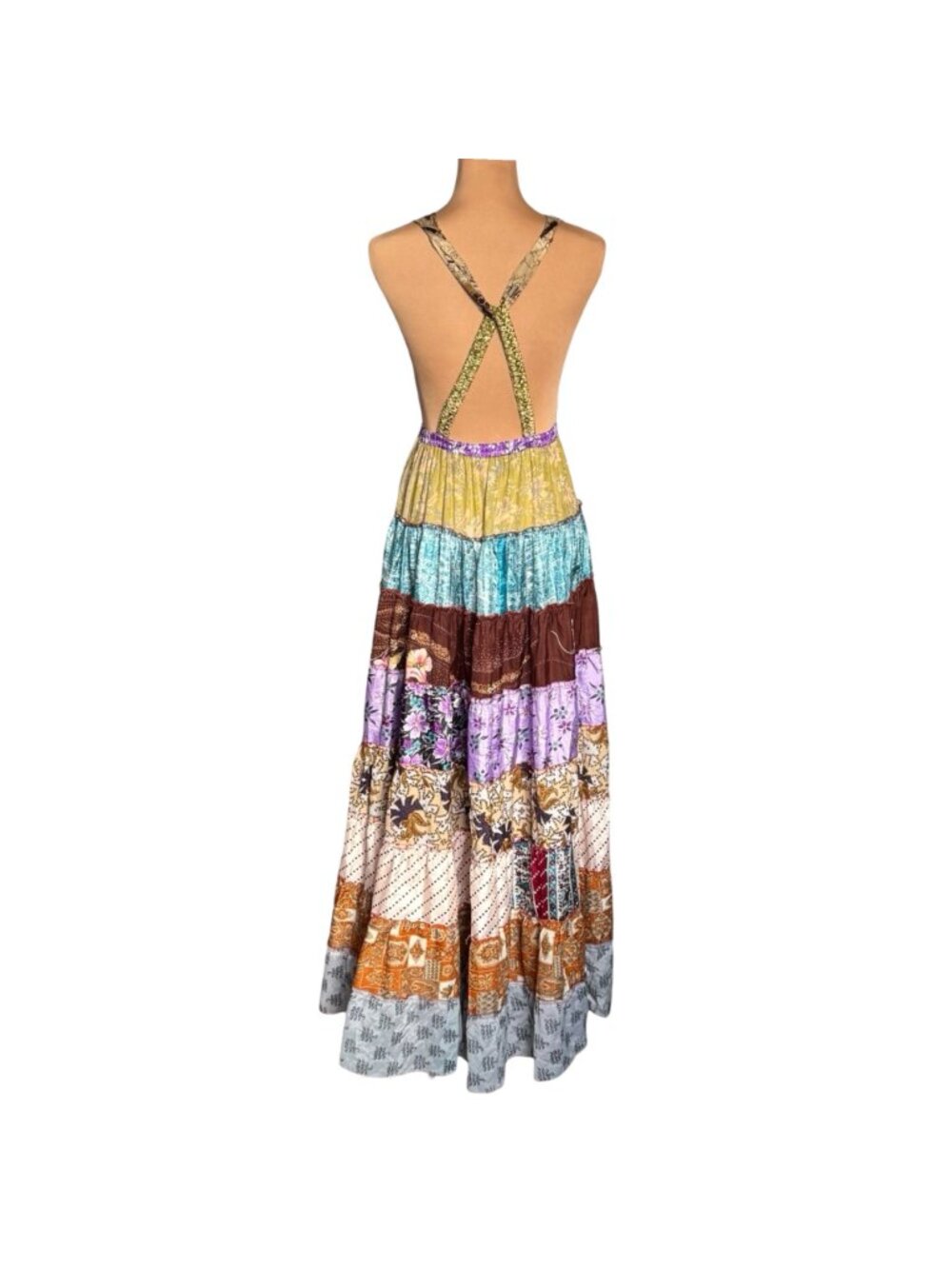 Boho Y2K Patchwork Tiered Maxi Dress Sz S Open Back Flowy Gipsy - Picture 3 of 16